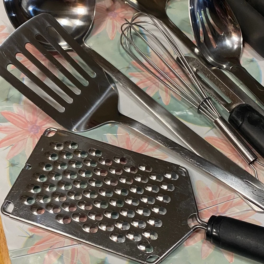 Elegant Silver and Black Kitchen Utensil Set Whisk Spatula Grater Can Opener